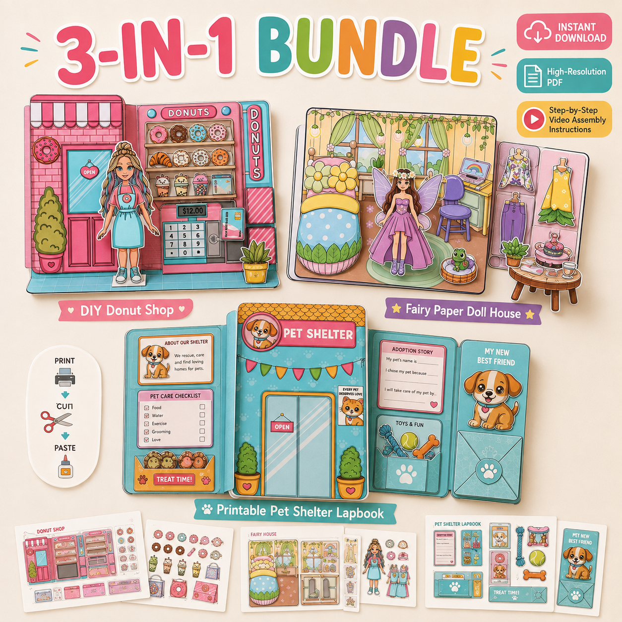 3-in-1 Printable Pretend Play Craft Bundle – Donut Shop, Fairy Doll House & Pet Shelter