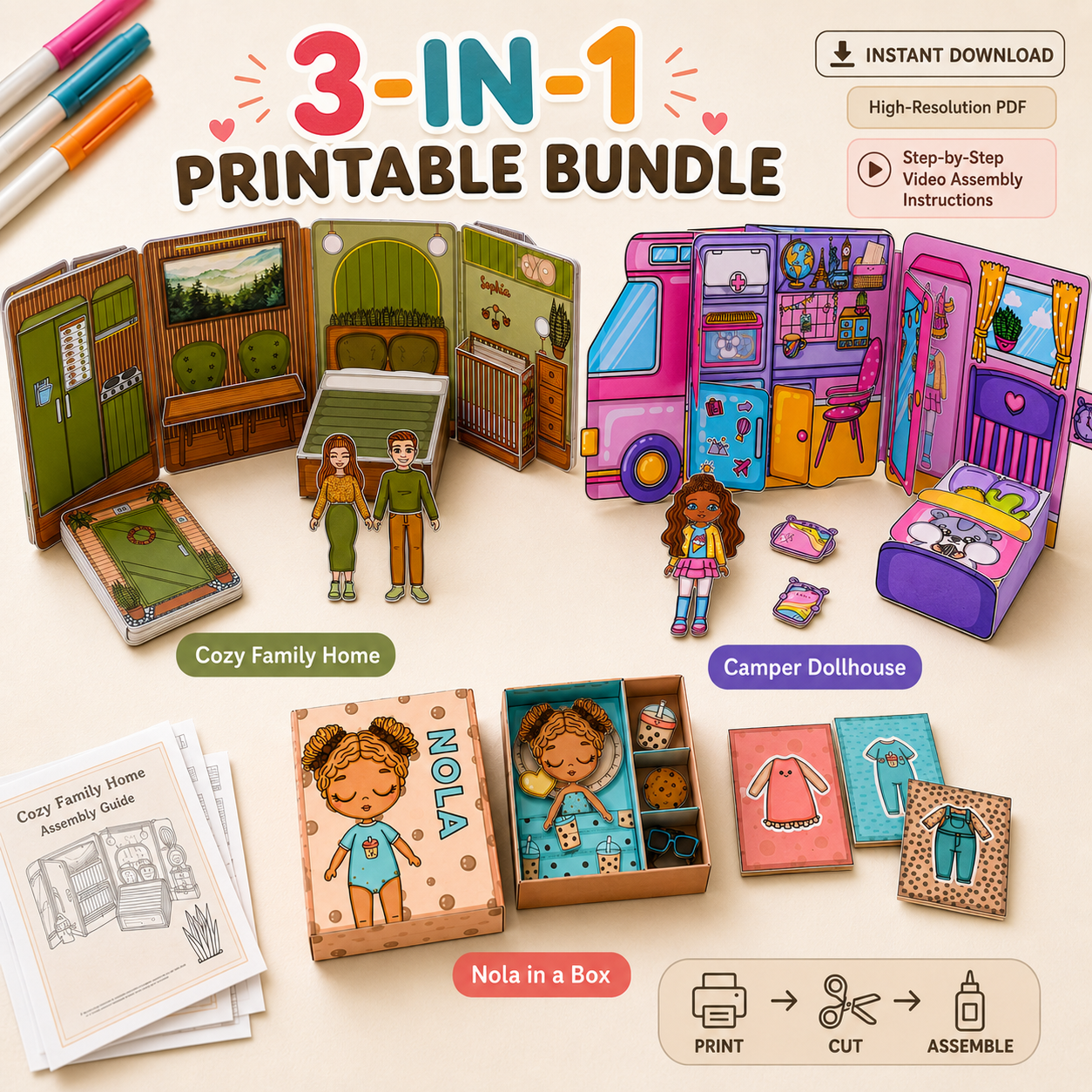 3-in-1 Printable Dollhouse & Paper Doll Craft Bundle – Cozy Family Home, Camper Playset & Nola Doll in a Box