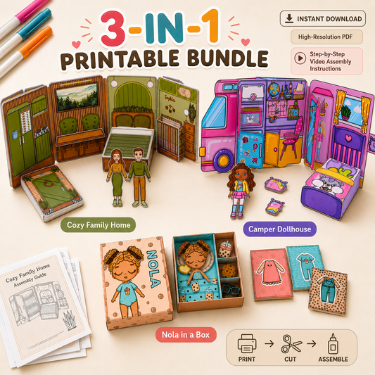 3-in-1 Printable Dollhouse & Paper Doll Craft Bundle – Cozy Family Home, Camper Playset & Nola Doll in a Box