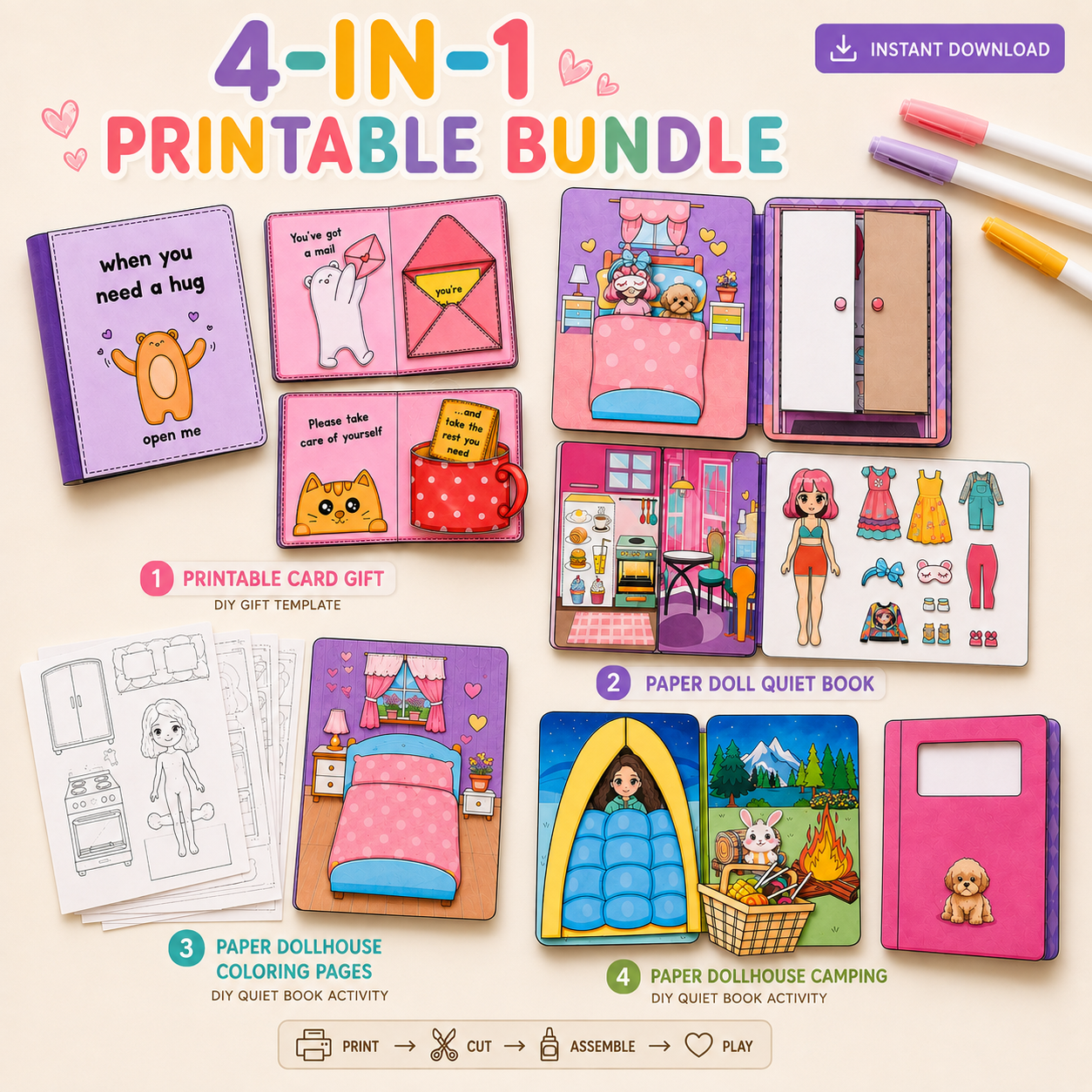 4-in-1 Printable Paper Doll & Interactive Quiet Book Craft Bundle for Kids