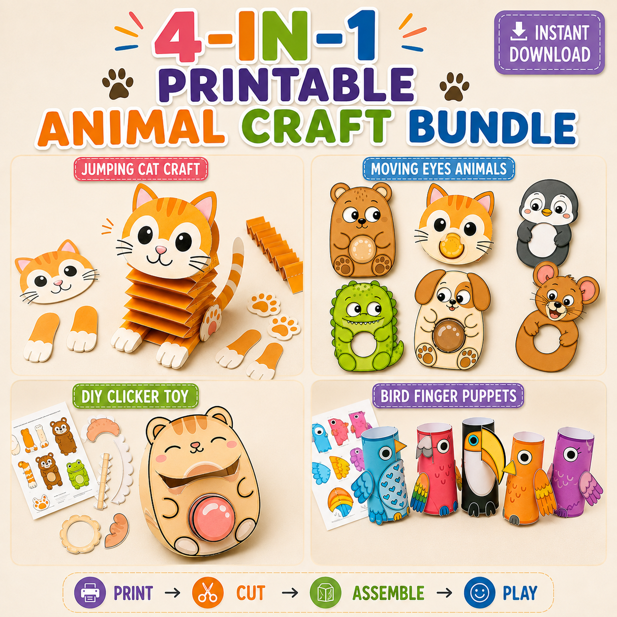 4-in-1 Printable Interactive Animal Craft Bundle – DIY Kids Paper Toys