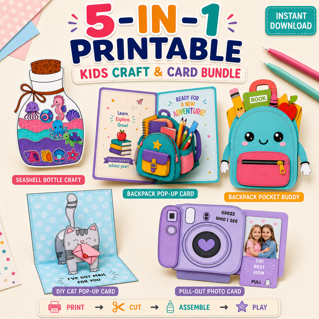 5-in-1 Printable Kids Craft Bundle – Interactive DIY Paper Crafts & Cards