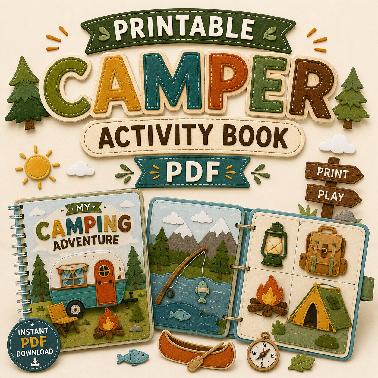 🥇 Printable Camper Quiet Book PDF | Interactive Camping Activity Book for Kids