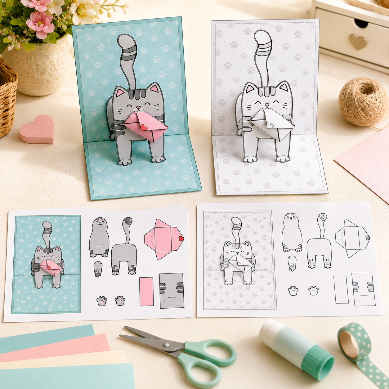 Printable Pop-Up Cat Mail Card | DIY Paper Craft PDF