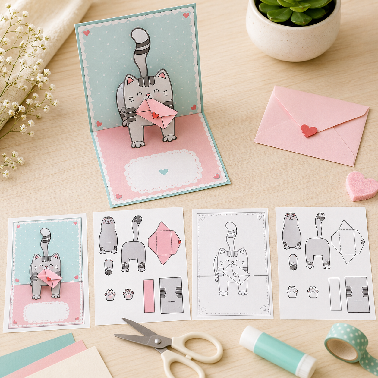 Printable Pop-Up Cat Mail Card | DIY Paper Craft PDF