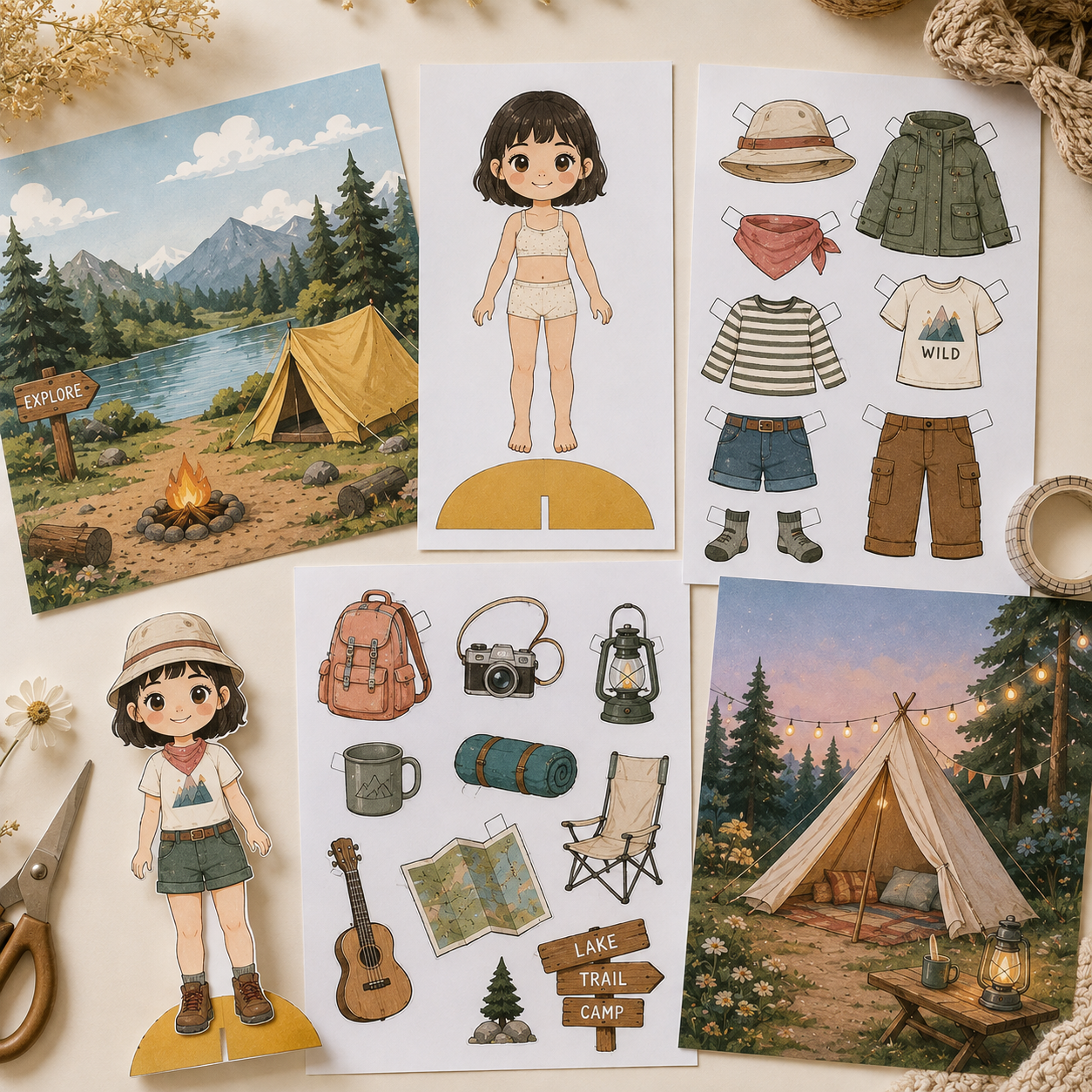 Camping Paper Doll Printable | Dress Up Doll Activity PDF | Instant Download