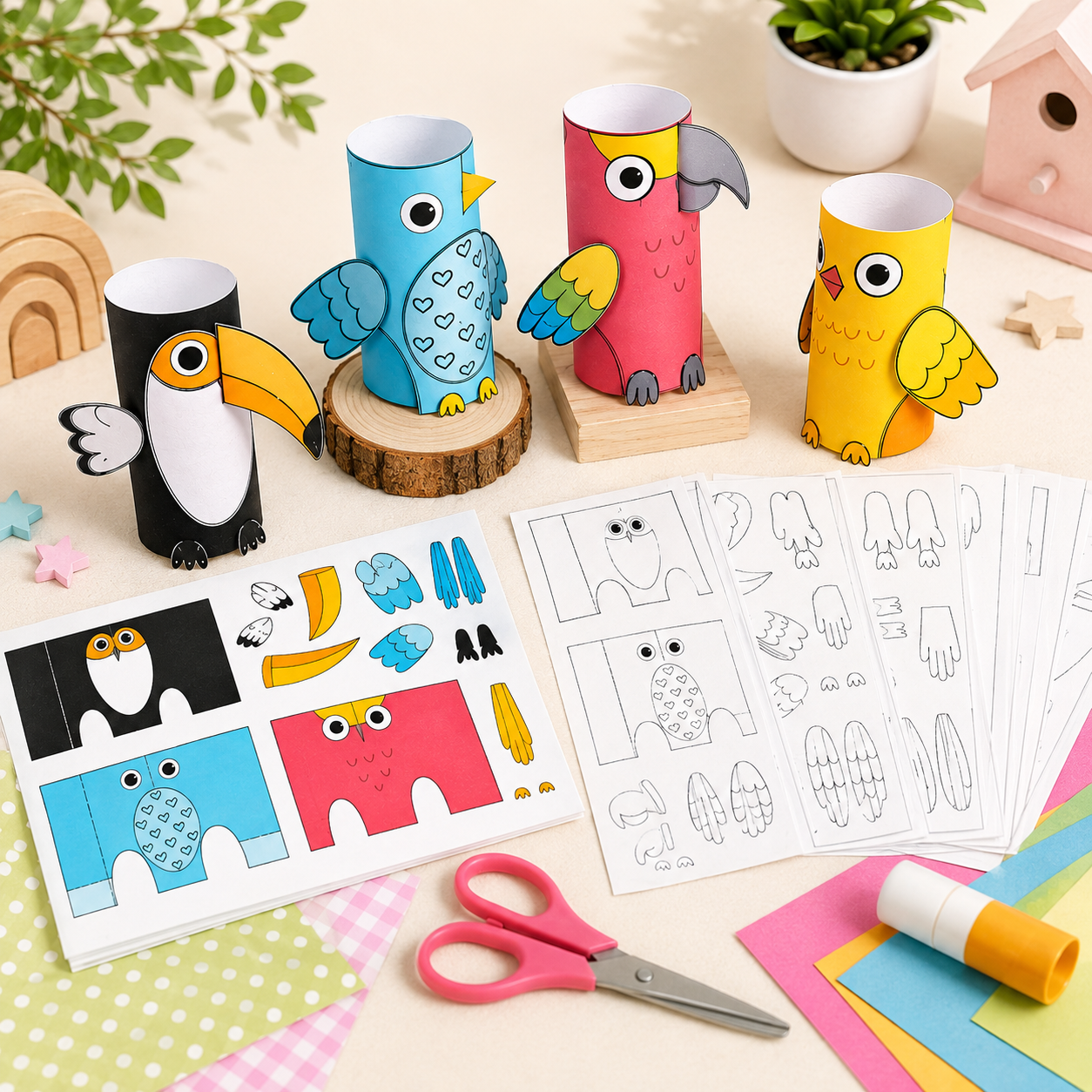 4-in-1 Printable Paper Bird Craft Bundle | Easy DIY PDF