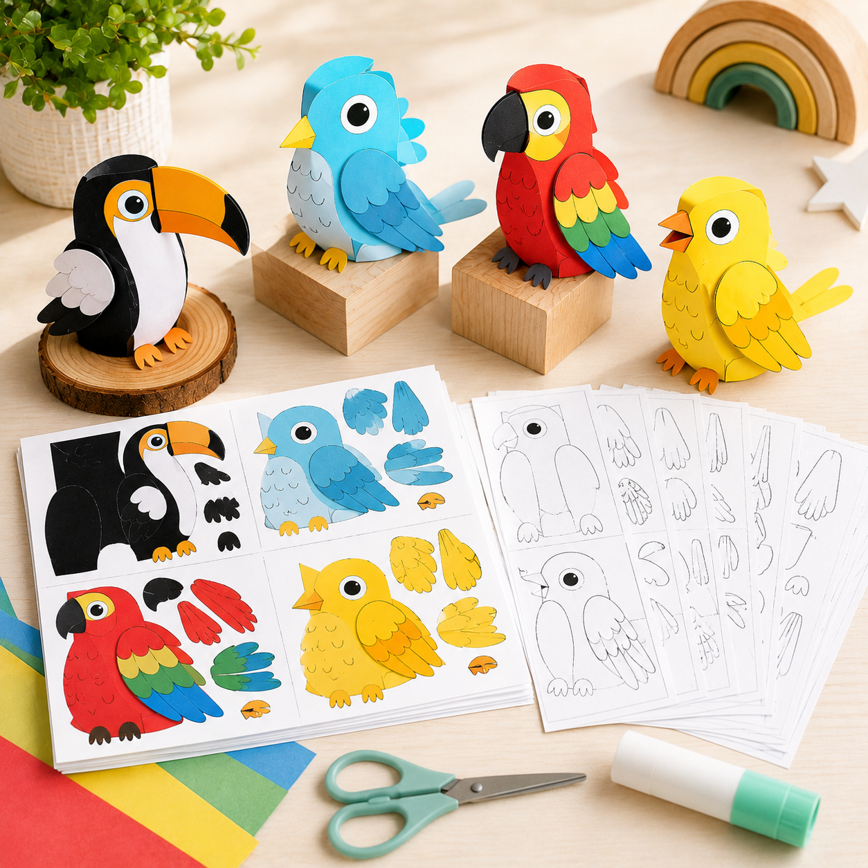 4-in-1 Printable Paper Bird Craft Bundle | Easy DIY PDF