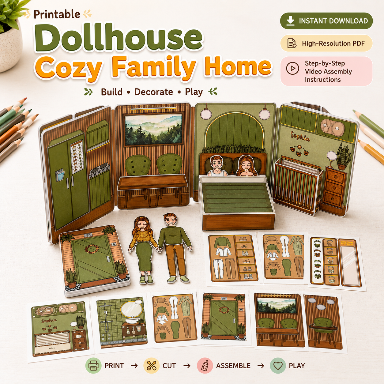 3-in-1 Printable Dollhouse & Paper Doll Craft Bundle – Cozy Family Home, Camper Playset & Nola Doll in a Box