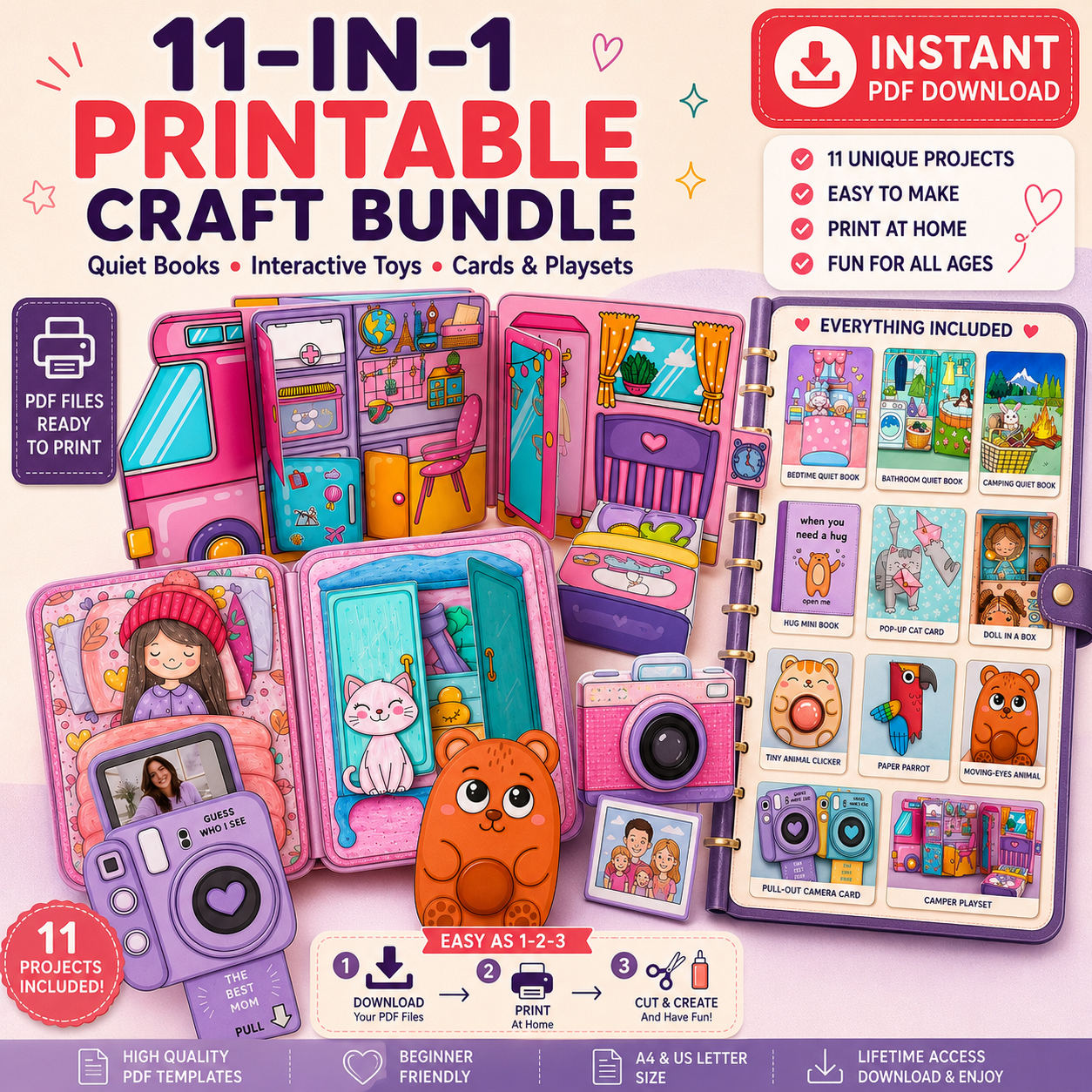11-in-1 Printable Paper Craft Bundle | Quiet Books, Paper Dolls, Playsets, Pop-Up Cards & DIY Kids Activities