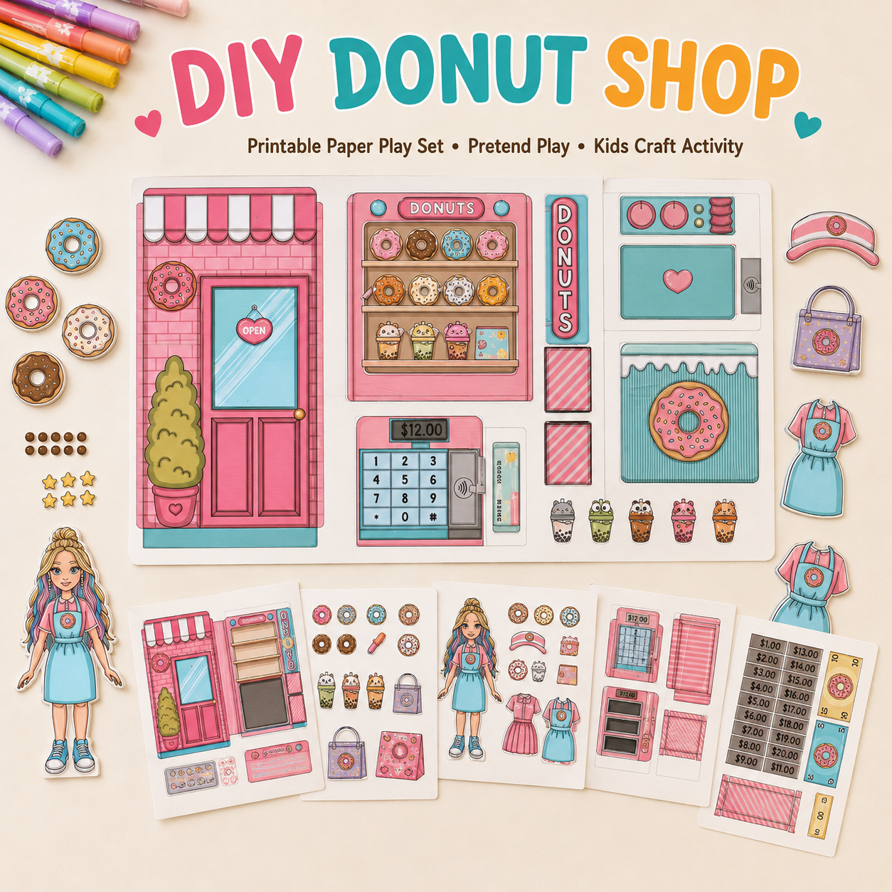 3-in-1 Printable Pretend Play Craft Bundle – Donut Shop, Fairy Doll House & Pet Shelter