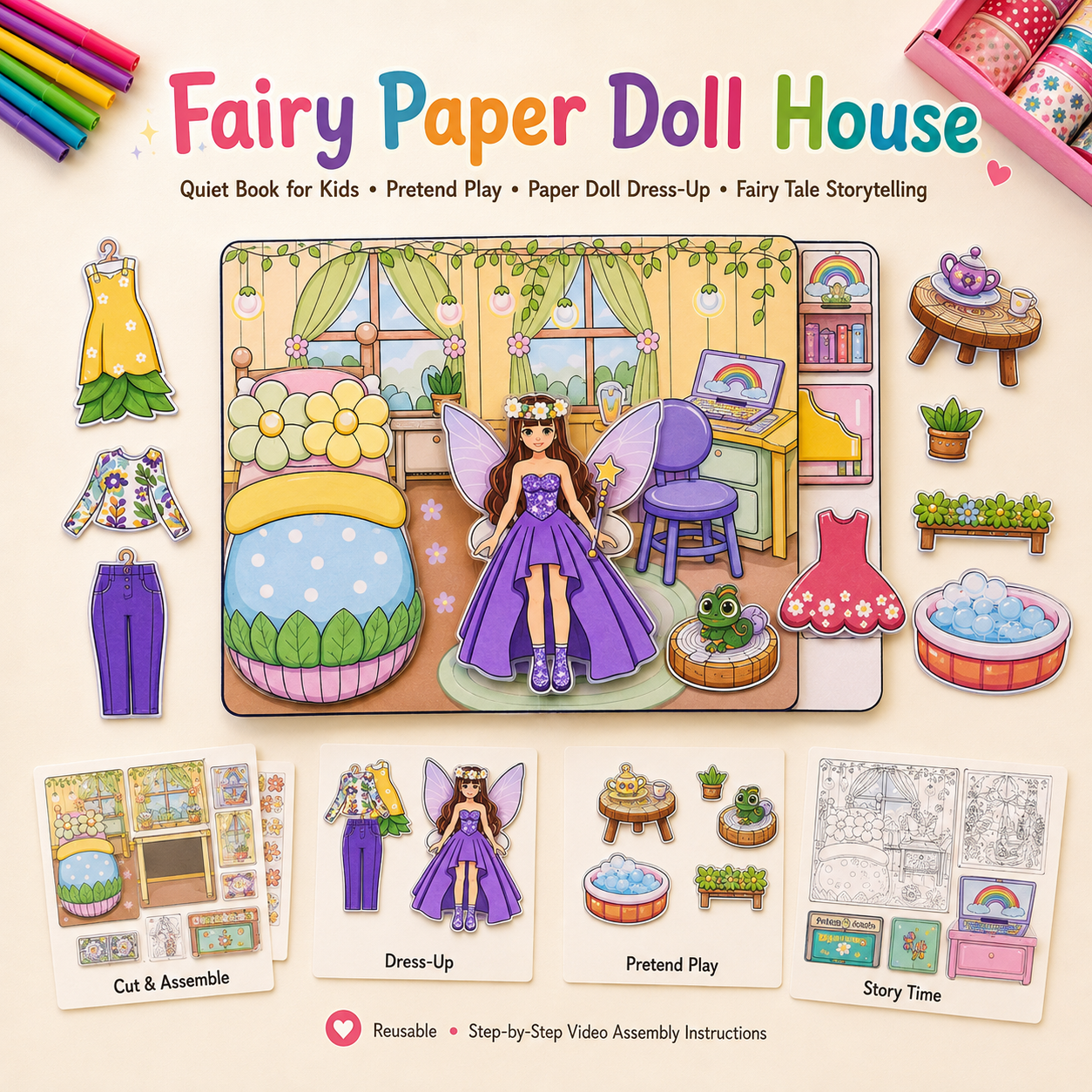 3-in-1 Printable Pretend Play Craft Bundle – Donut Shop, Fairy Doll House & Pet Shelter