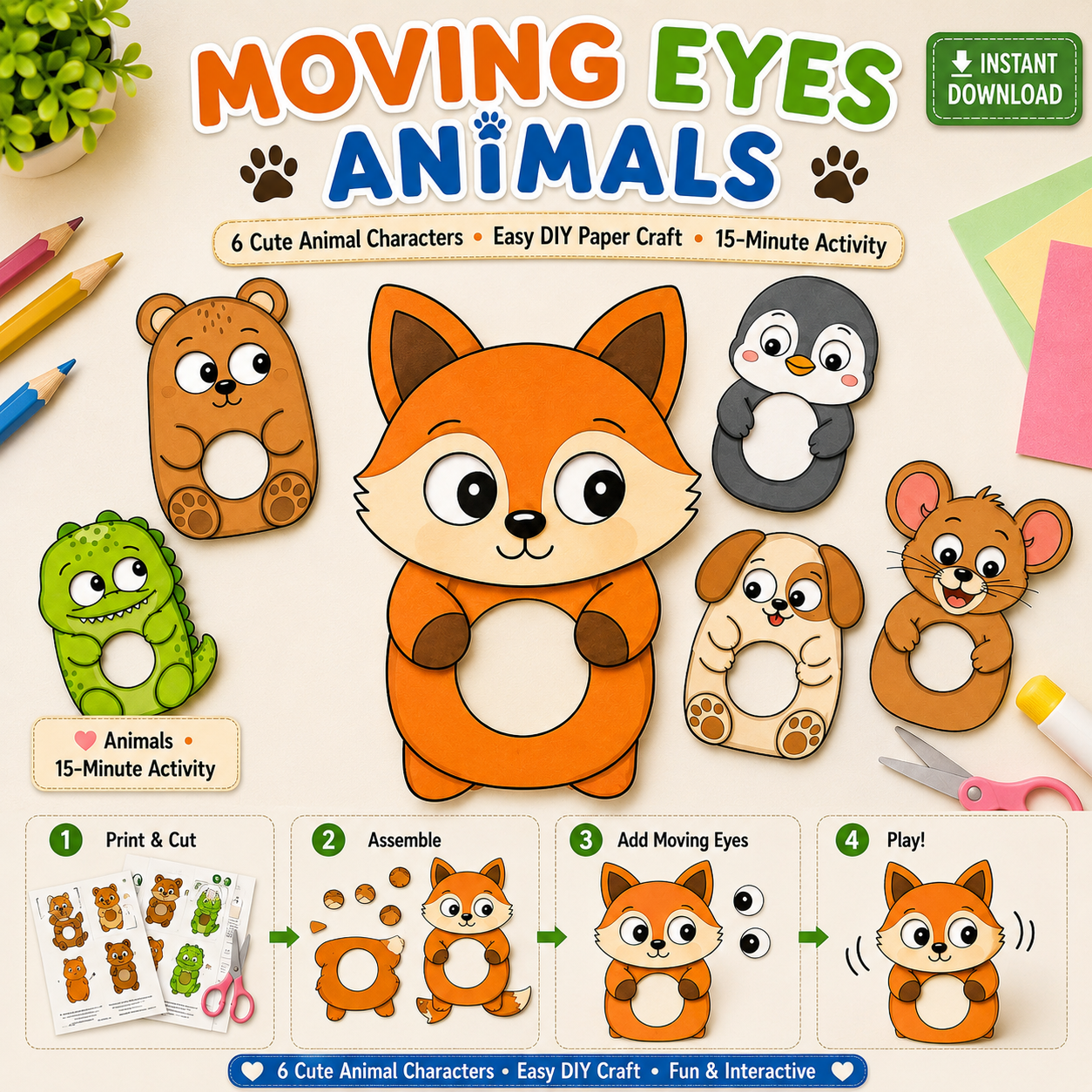 4-in-1 Printable Interactive Animal Craft Bundle – DIY Kids Paper Toys